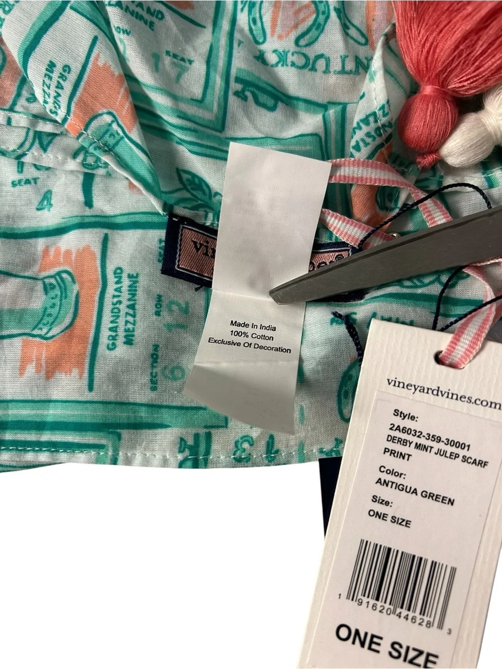 Vineyard Vines Derby Mint Julep Printed Scarf with Tassels Antigua Green